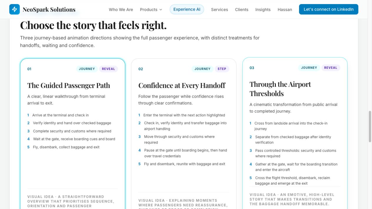 NeoSpark Process Story Studio comparing three AI-planned airport journey narratives