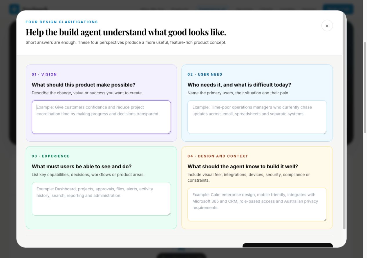 NeoSpark AI Studio asking four design clarification questions about product vision, user need, experience, and design context