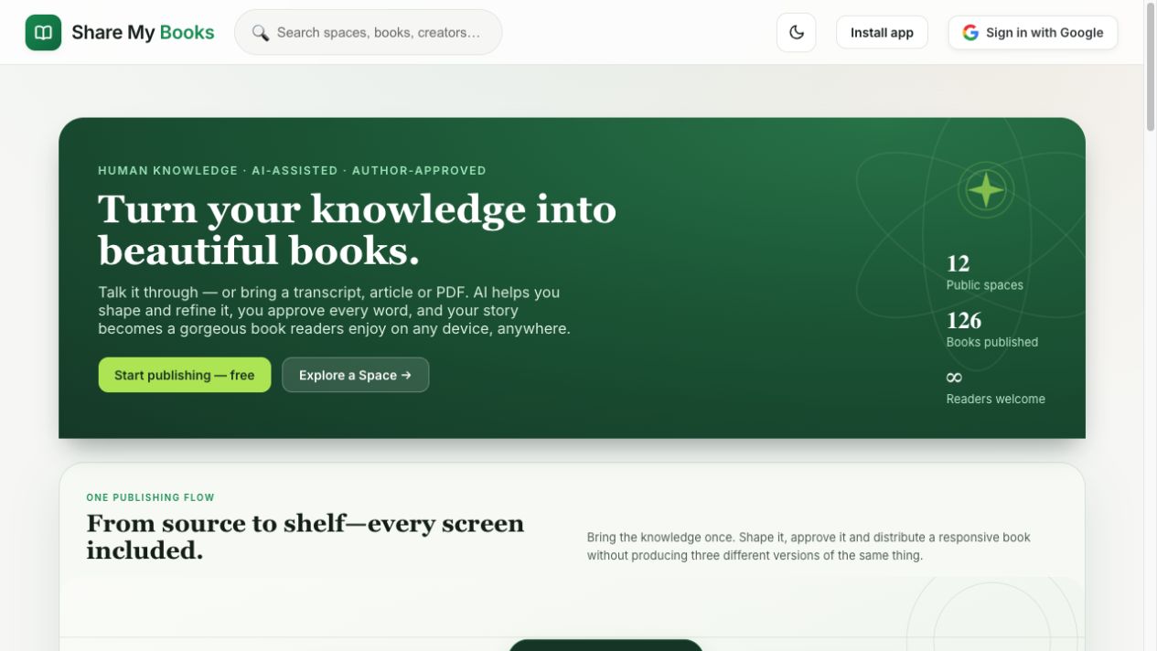 Share My Books publishing platform homepage